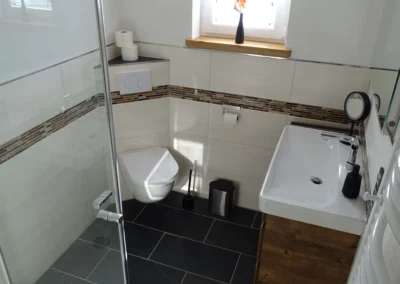 Modernes Badezimmer einer Ferienunterkunft in Bolsdorf (bei Hillesheim) mit Waschtisch, Toilette und Dusche.